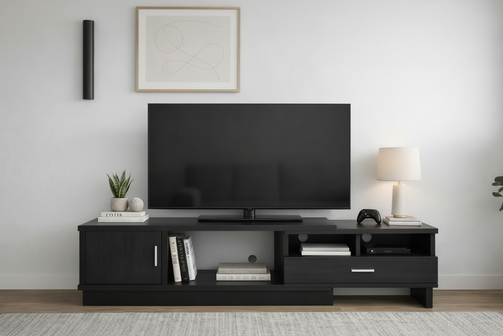 Expandable Meuble Divino TV stand with open shelves and adjustable length for modern living room entertainment setup.