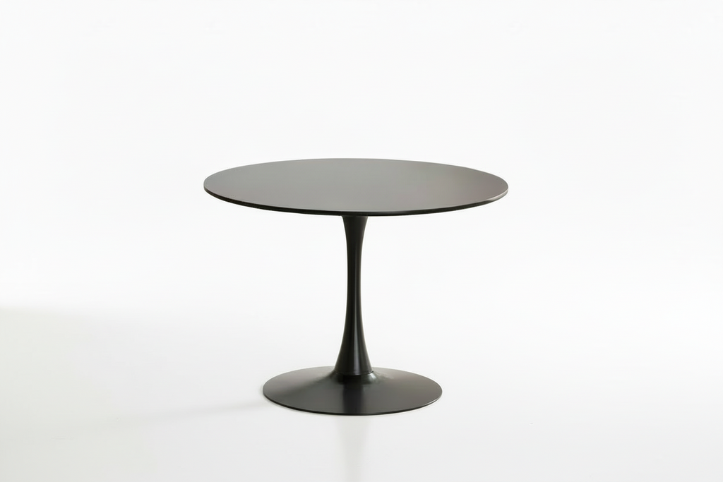 Round black wood veneer dining table by Meuble Divino, featuring a sleek black finish and smooth wood grain surface.