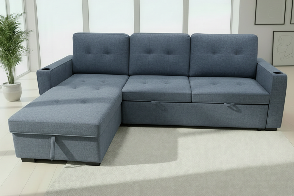 Modern sofa bed with built-in storage and USB charger from MTL meubles et Matelas, featuring plush upholstery and functional design.