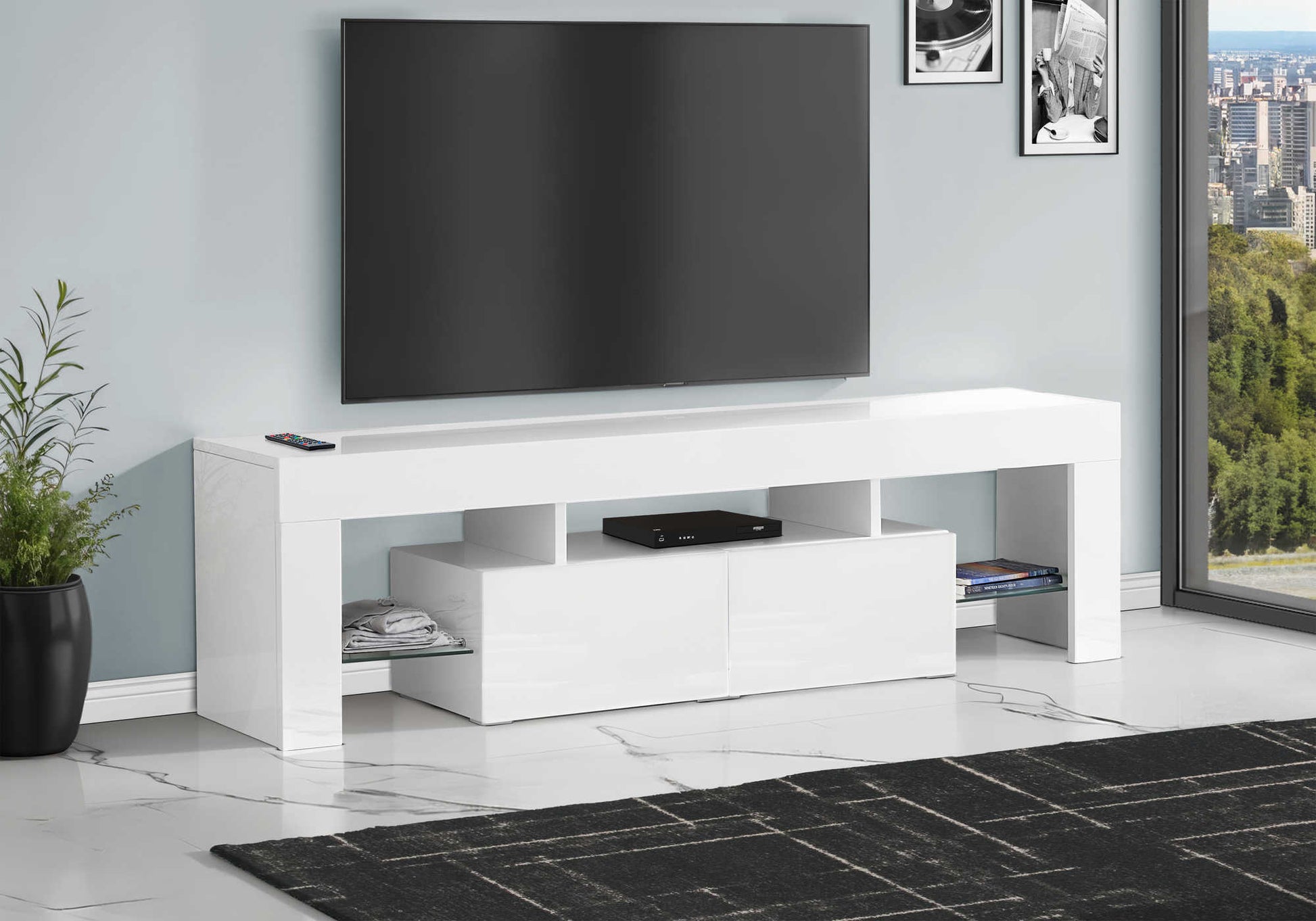 White TV stand with drawers and glass shelves