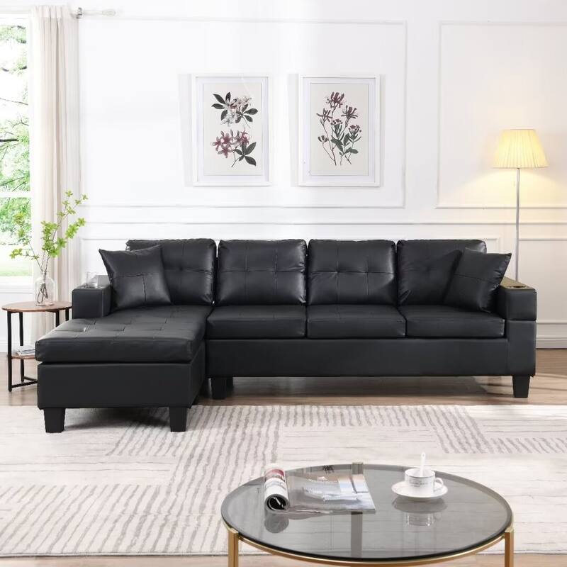 Faux Leather Sectional Sofa — Black