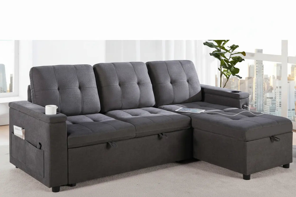 MTL meubles et Matelas sofa bed with storage and USB charger, stylish fabric sofa showing the open bed and built-in charging ports