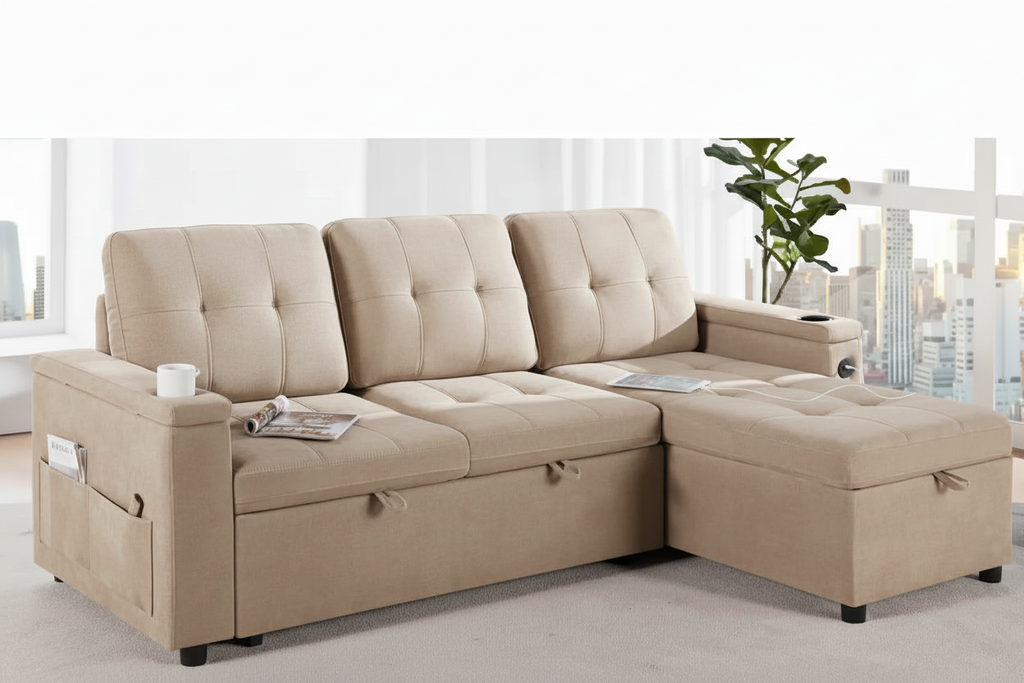 MTL meubles et Matelas sofa bed with storage and USB charger, showcasing the sofa's fabric upholstery and integrated features.