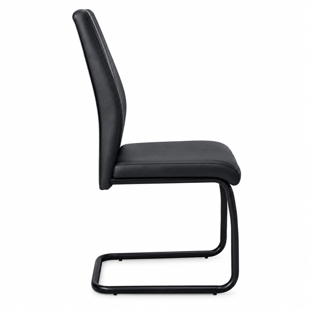 Set of 2 modern leather-look dining chairs with black metal legs, stylish and comfortable for contemporary dining rooms.