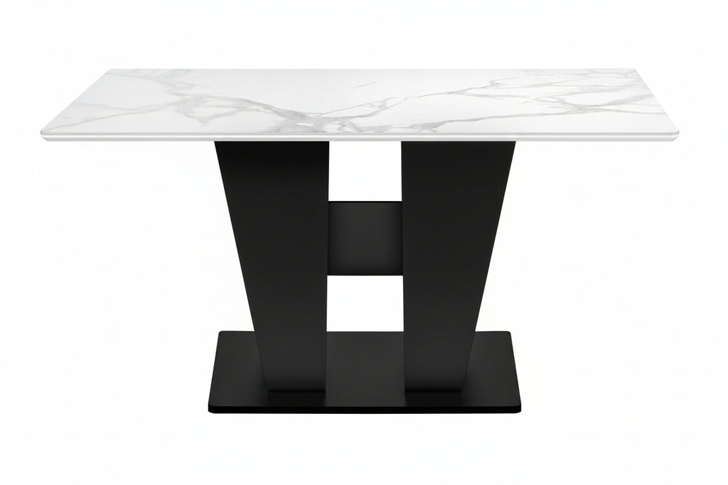 Ensemble de salle à manger moderne 7 pièces – Table en pierre blanche de 152 cm avec chaises rembourrées noires