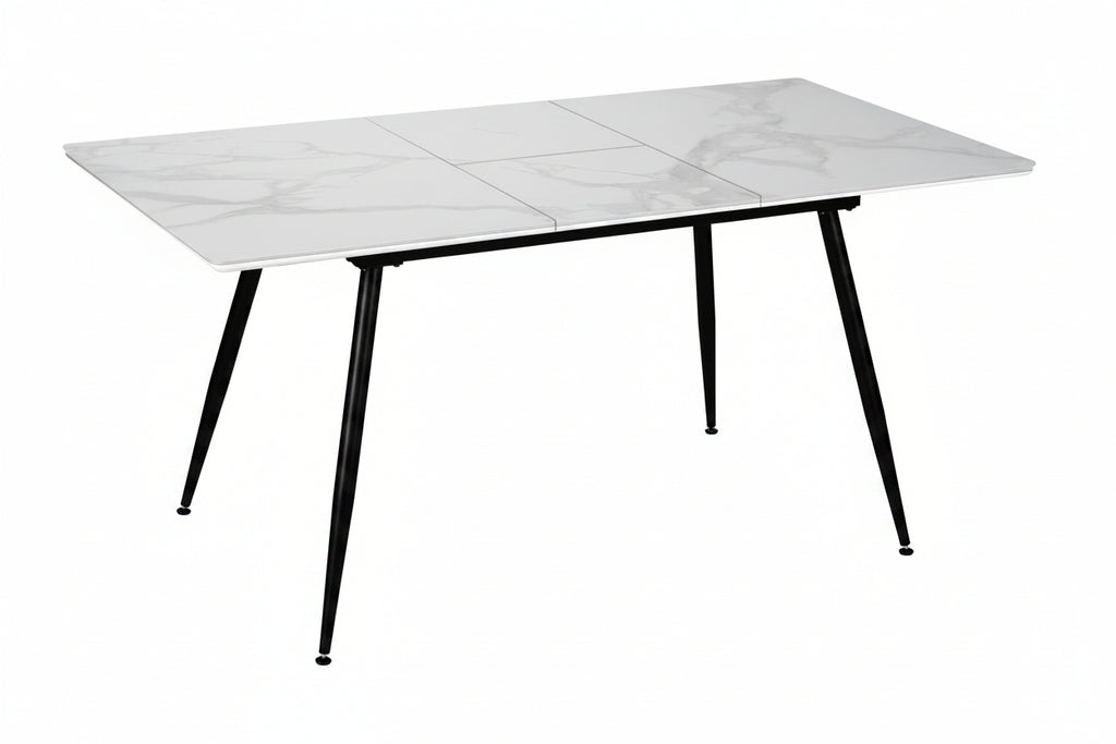 Table à manger extensible Aspen – Pierre frittée blanche avec pieds noirs inclinés
