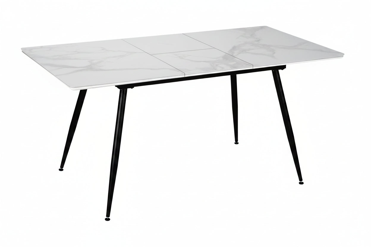 Table à manger extensible Aspen – Pierre frittée blanche avec pieds noirs inclinés
