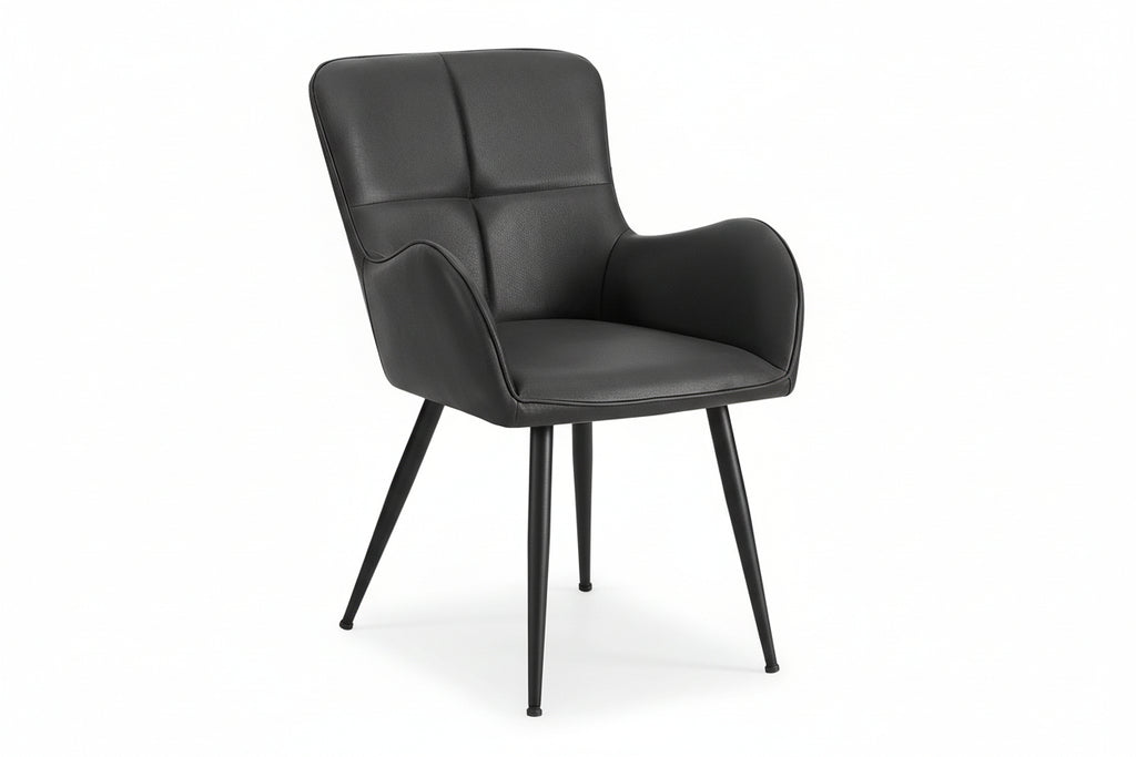 Set of 2 leather-look dining chairs with metal legs, modern design, cushioned seats, and sleek black finish by Meuble Divino.