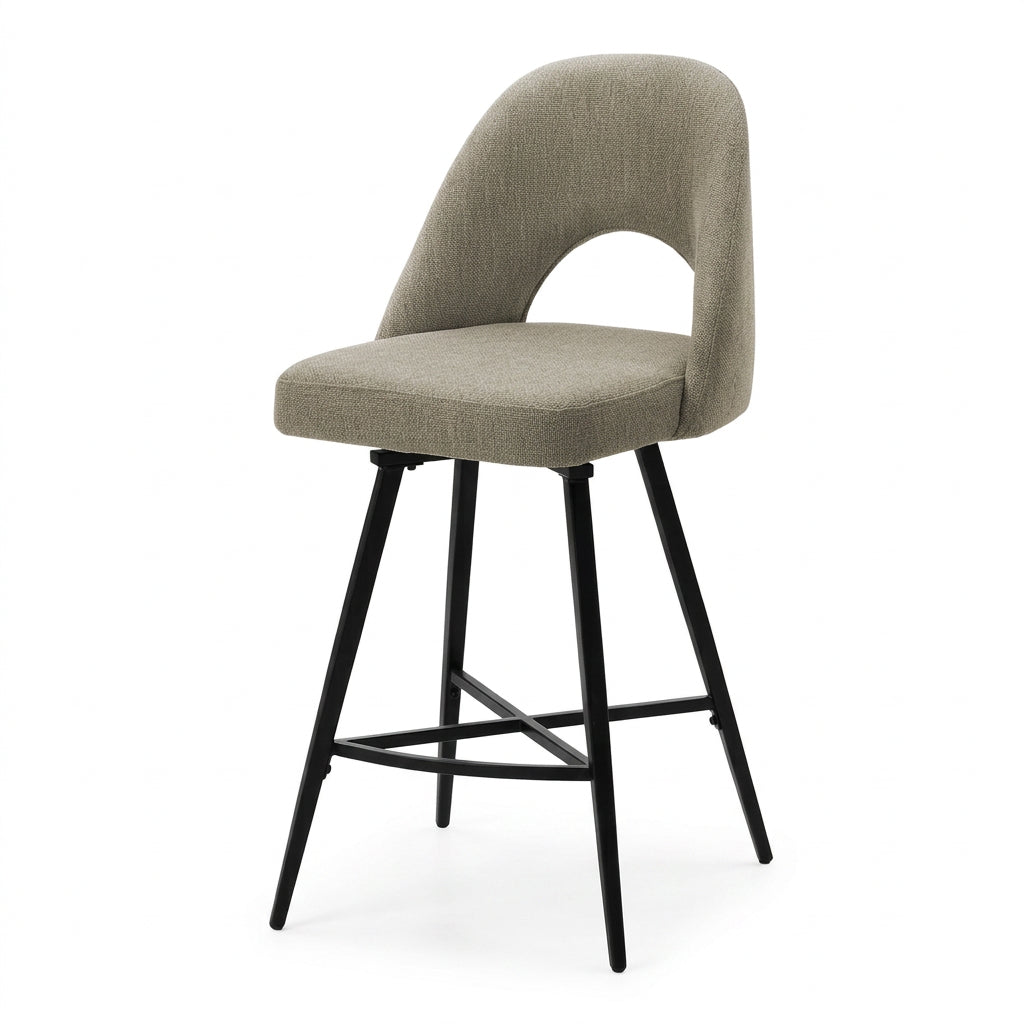 Set of two Meuble Divino Arlo swivel barstools with modern design, featuring wooden seats and metal frames.