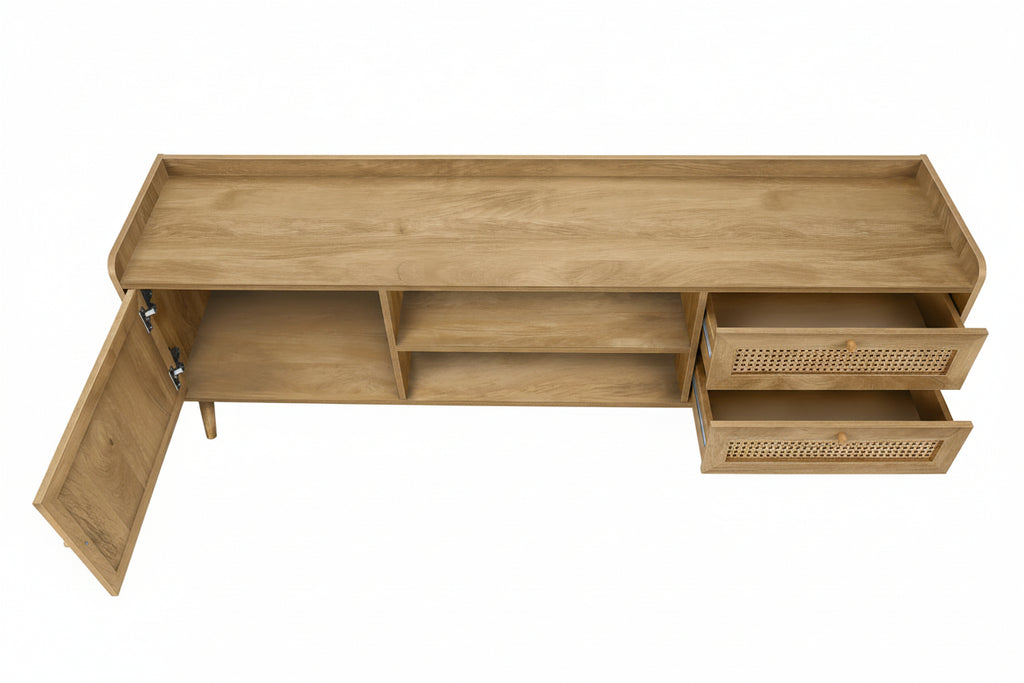 Meuble TV élégant de 183 cm en noyer avec détails en rotin