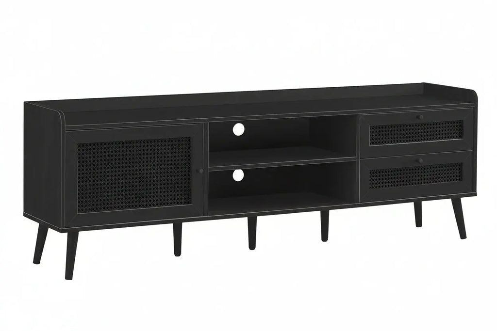 Black Meuble Divino TV stand with storage compartments, featuring a sleek design and open shelving for electronic devices.