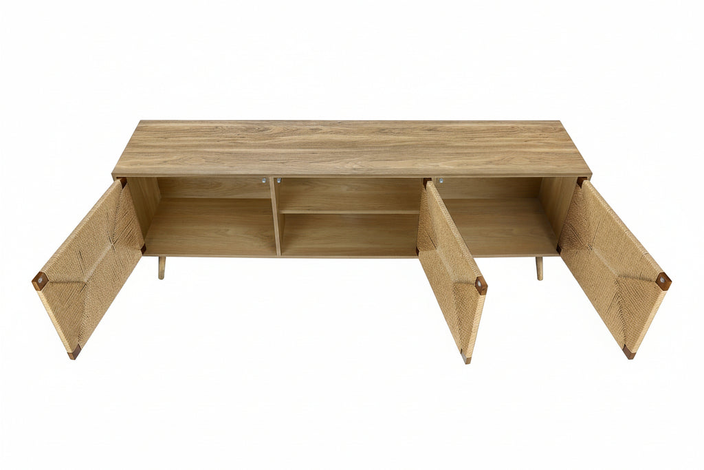 Meuble TV Mid-Century en noyer de 183 cm avec portes en jonc de mer naturel