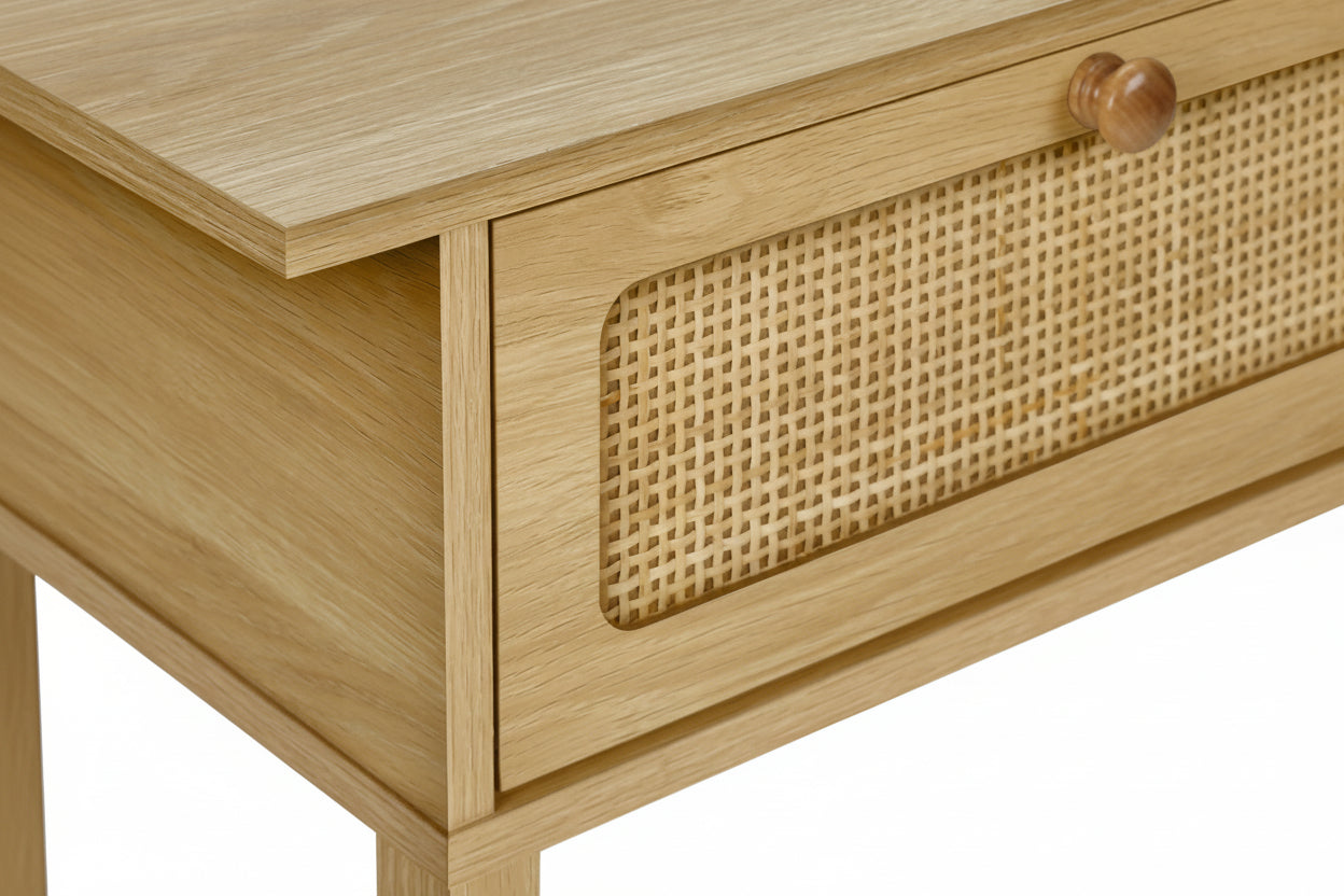 24-inch natural rattan nightstand by Meuble Divino featuring drop-down storage and open shelf for stylish bedroom storage