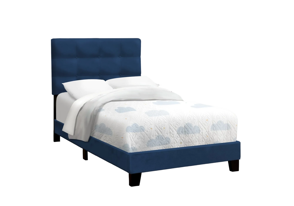 Navy blue velvet single bed by Meuble Divino featuring a sleek, modern design with a plush headboard and sturdy wooden frame.
