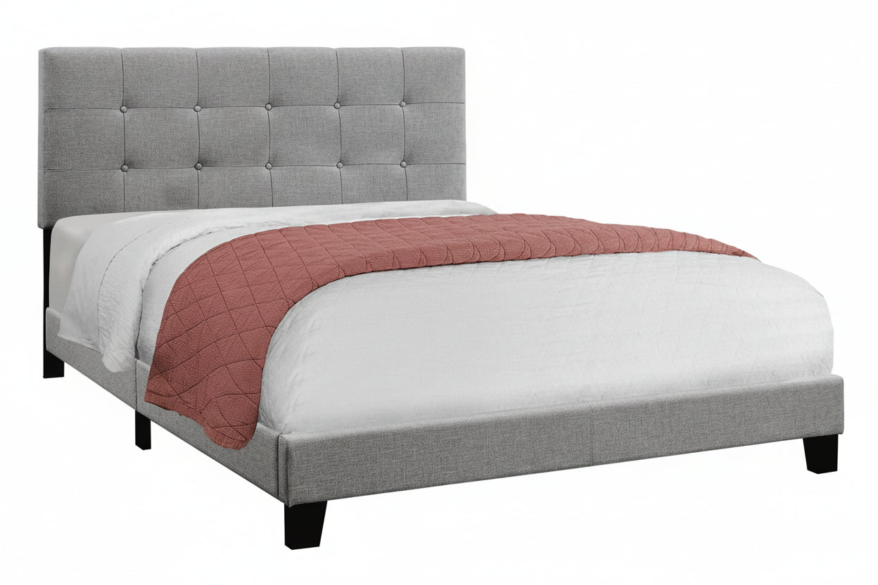 Grey linen Queen upholstered platform bed frame with tufted headboard by Meuble Divino, modern and stylish bedroom furniture.