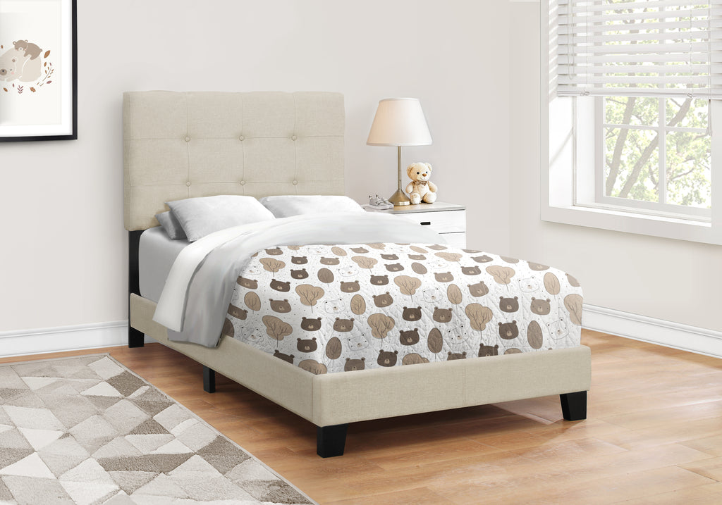Beige linen single bed with wooden frame from Meuble Divino, shown with clean modern design and neutral bedding.