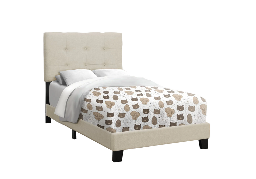 Beige linen single bed with a wooden frame from Meuble Divino, featuring a cushioned headboard and clean, modern design.