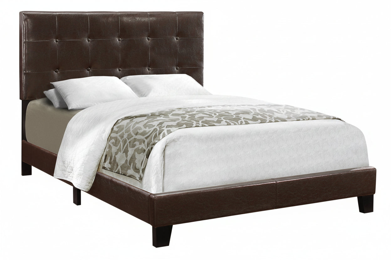 Dark brown leather-look full size platform bed with tufted headboard from Meuble Divino, modern and stylish bedroom furniture.