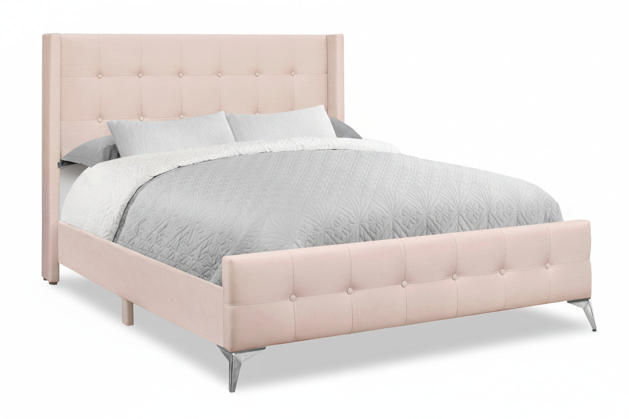 Queen upholstered bed with tufted headboard and chrome legs, showcasing elegant design and plush fabric from Meuble Divino.