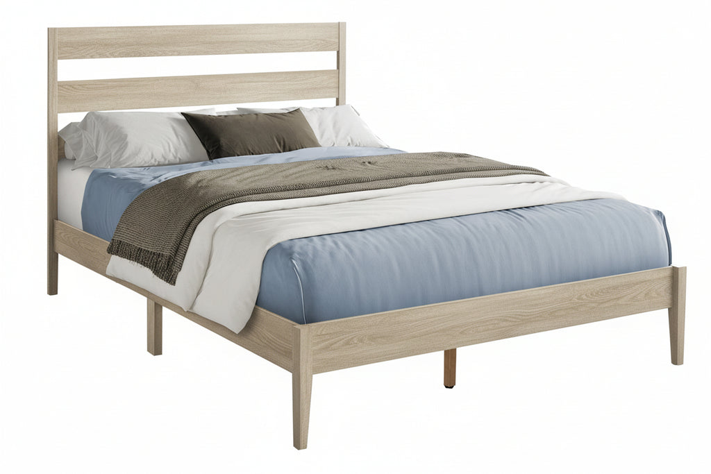 Valerino bed by Meuble Divino with a modern wooden frame and neutral bedding, showcasing a stylish bedroom setup.