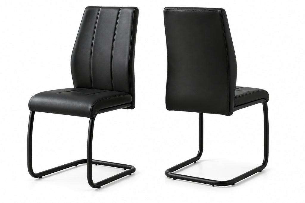 Set of 2 modern leather-look dining chairs with black metal legs, featuring sleek design and comfortable seating from Meuble Divino.