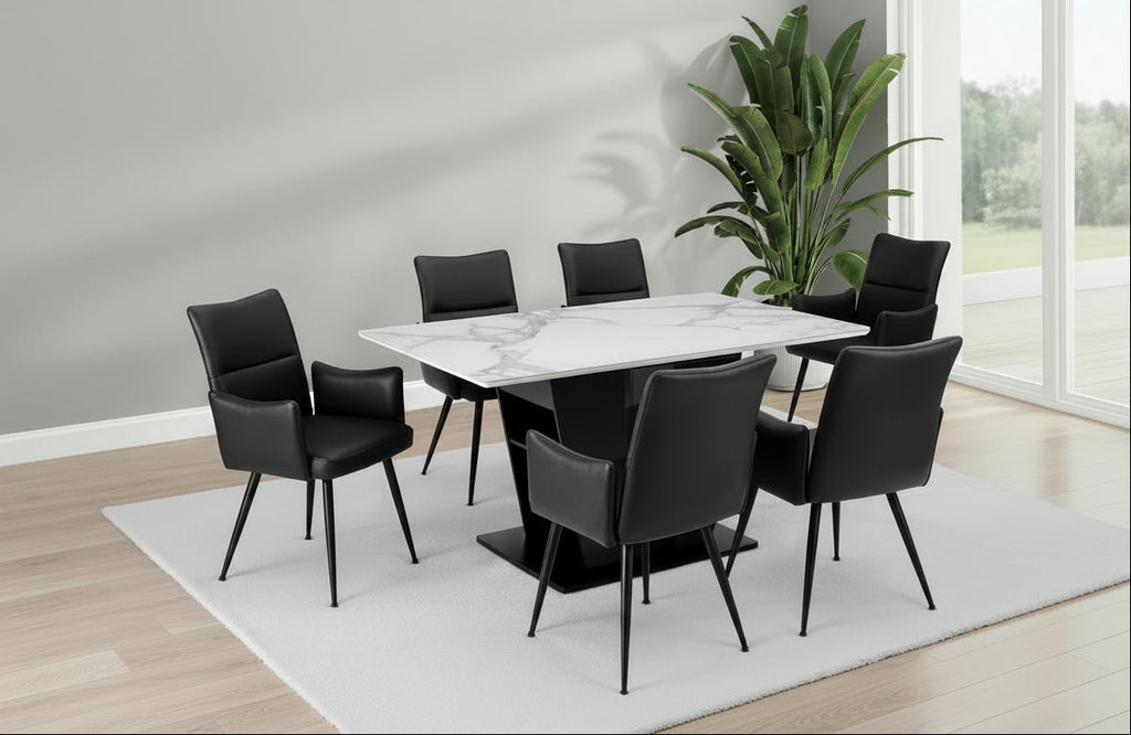 Ensemble de salle à manger moderne 7 pièces – Table en pierre blanche de 152 cm avec chaises rembourrées noires