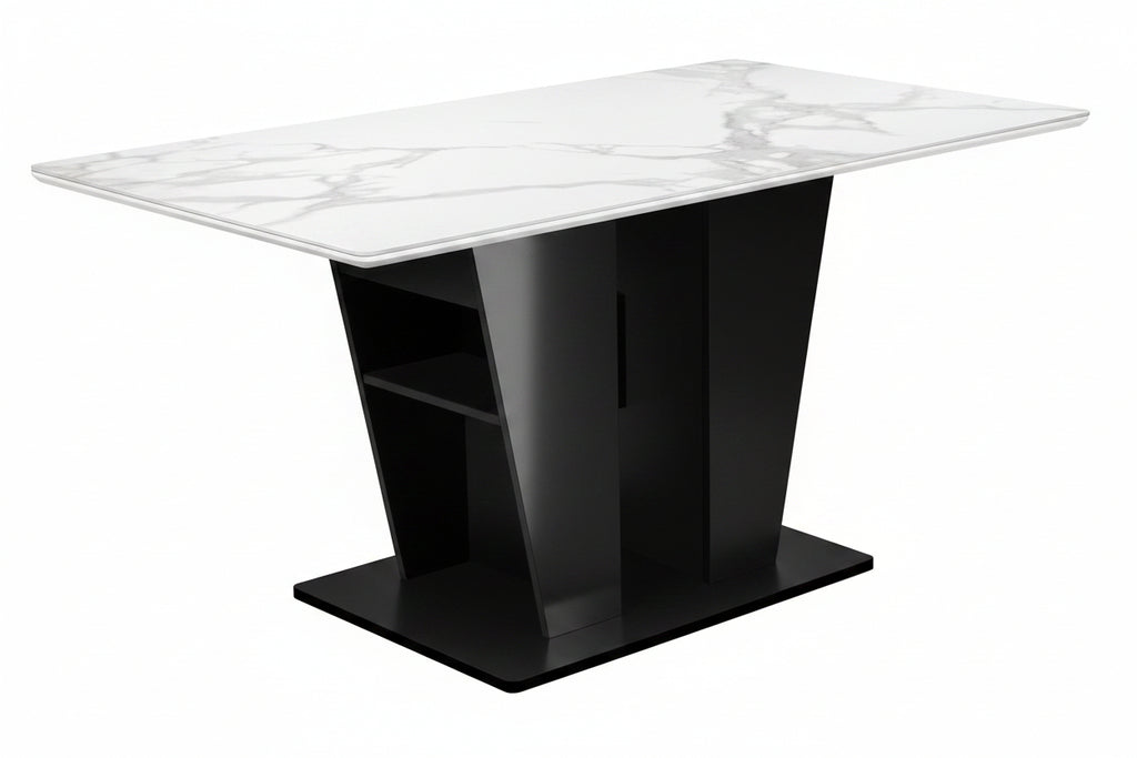Ensemble de salle à manger moderne 7 pièces – Table en pierre blanche de 152 cm avec chaises rembourrées noires