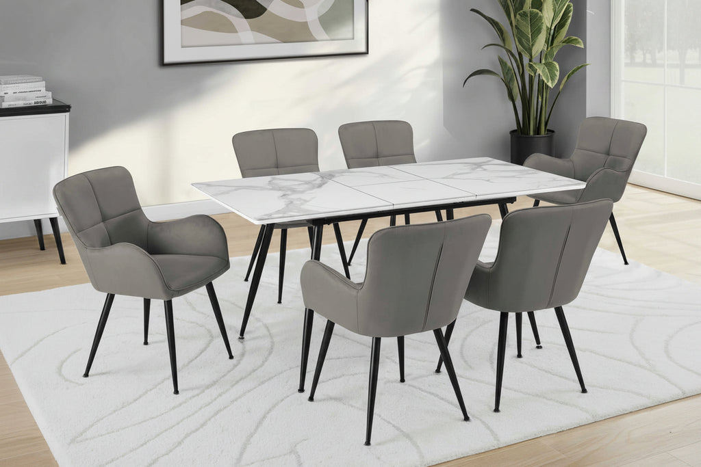 Table à manger extensible Aspen – Pierre frittée blanche avec pieds noirs inclinés