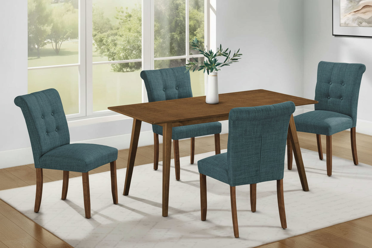Four-seat dining set by Meuble Divino with blue or grey fabric chairs and a wooden table, perfect for modern dining rooms.