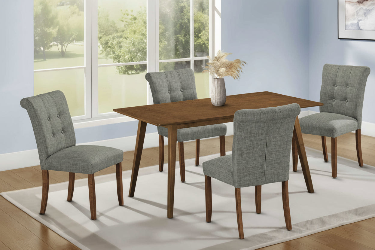 Blue or grey fabric dining set with four chairs and a table, featuring modern design by Meuble Divino.