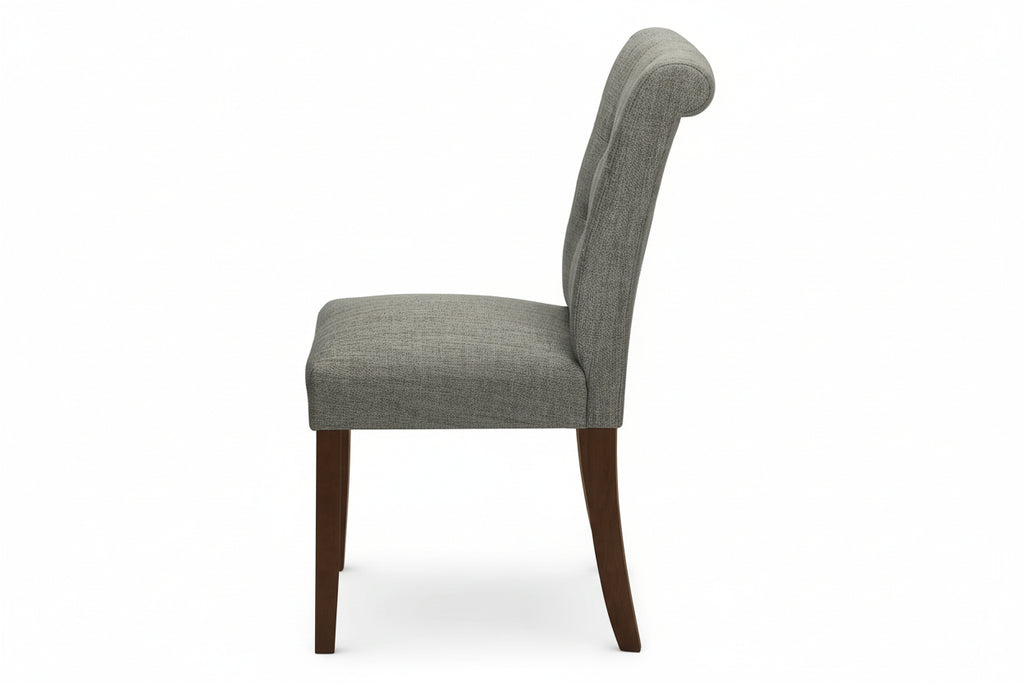 Dining set with four blue or grey fabric chairs from Meuble Divino, featuring a modern wooden table for home dining.