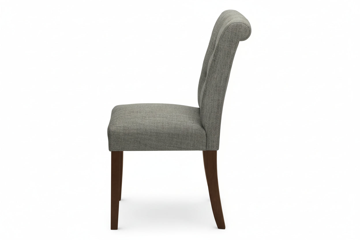 Dining set with four blue or grey fabric chairs from Meuble Divino, featuring a modern wooden table for home dining.