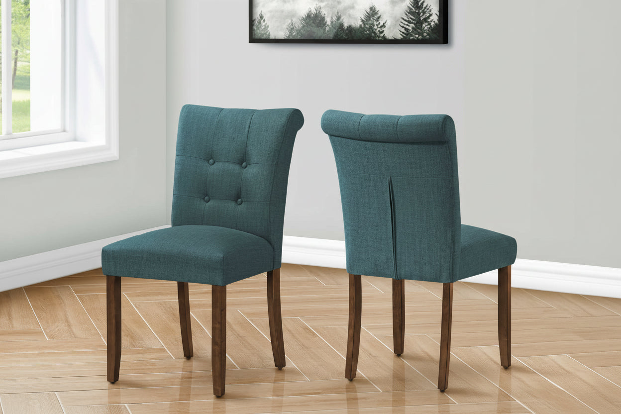 Blue or grey fabric dining set with four chairs by Meuble Divino, featuring a sleek wooden table for modern dining spaces.