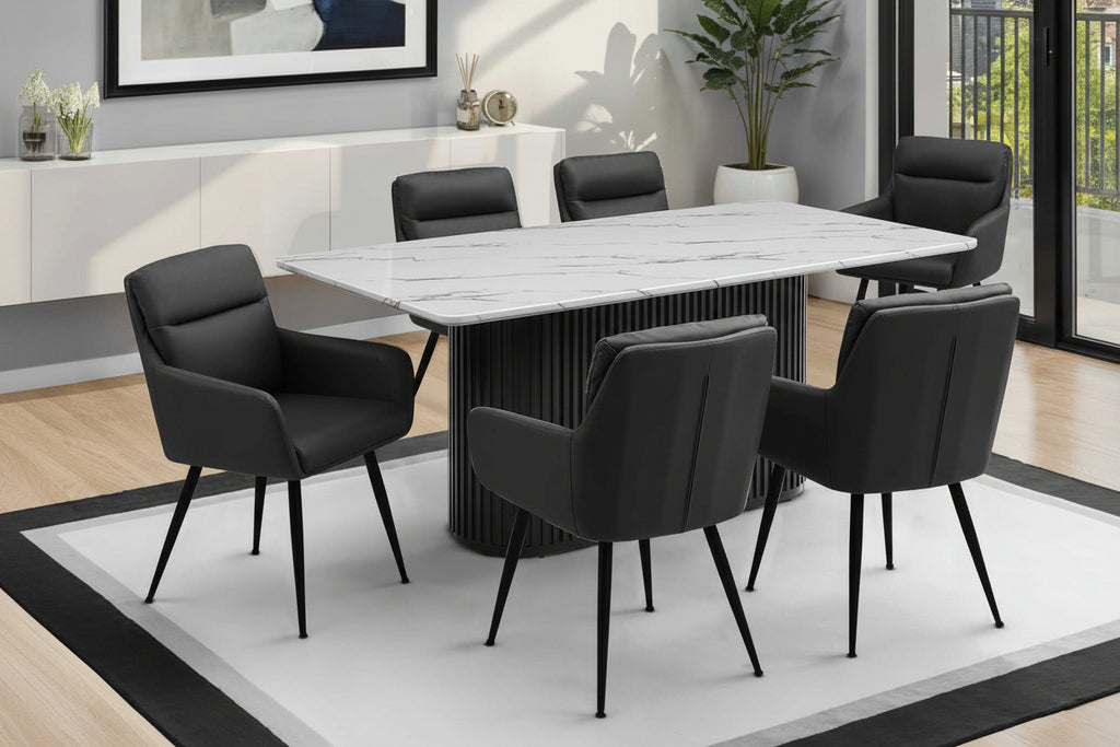 Ensemble salle à manger moderne 7 pièces – Table en faux marbre de 178 cm avec chaises noires