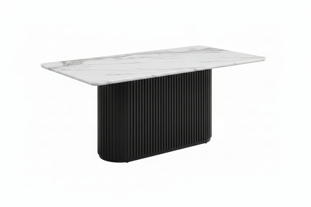 Ensemble salle à manger moderne 7 pièces – Table en faux marbre de 178 cm avec chaises noires