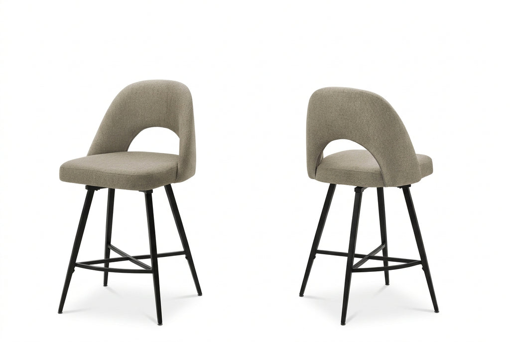Set of two Meuble Divino Arlo swivel barstools with cushioned seats and modern design, shown in a contemporary kitchen setting.