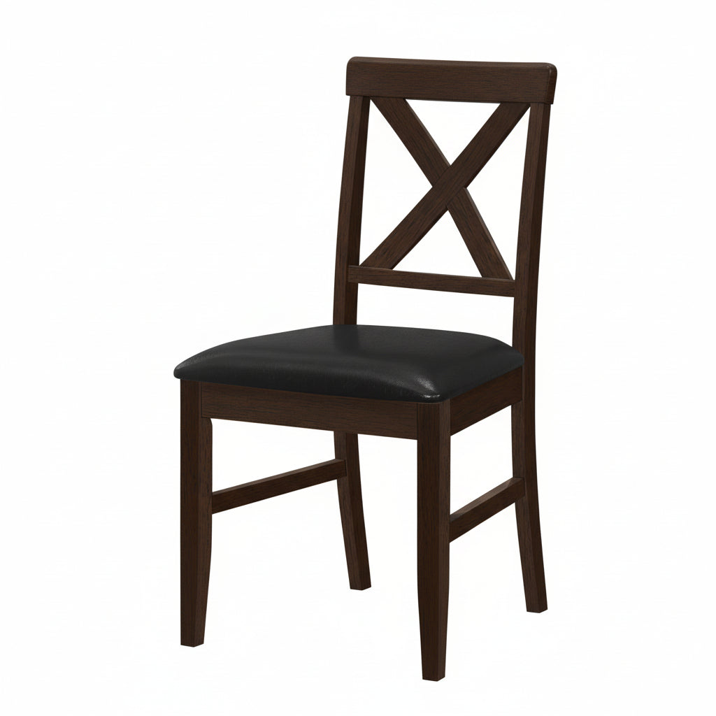 Set of 2 Meuble Divino cross-back dining chairs with solid wood frames and upholstered seats, shown with detailed wood and fabric.