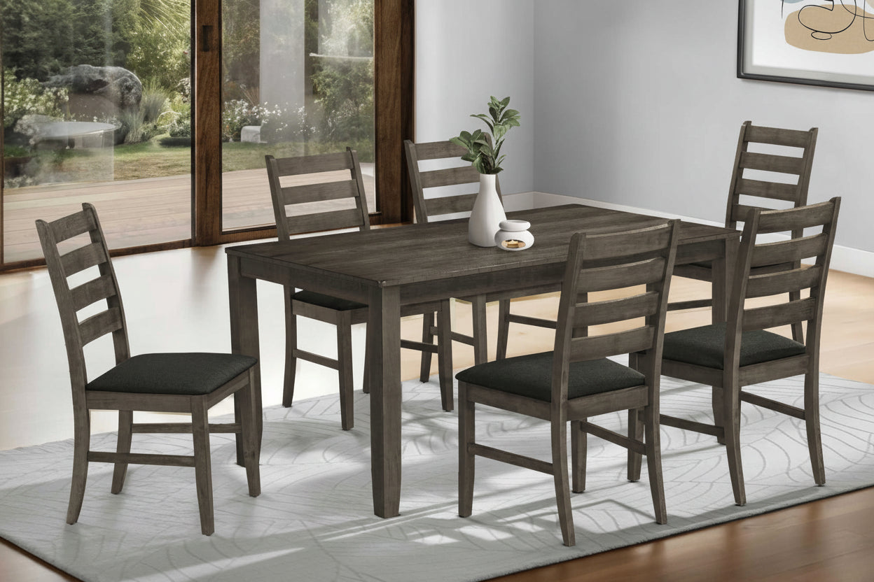 Antique grey 60-inch dining table set with upholstered chairs by Meuble Divino, showcasing a classic dining room setup.