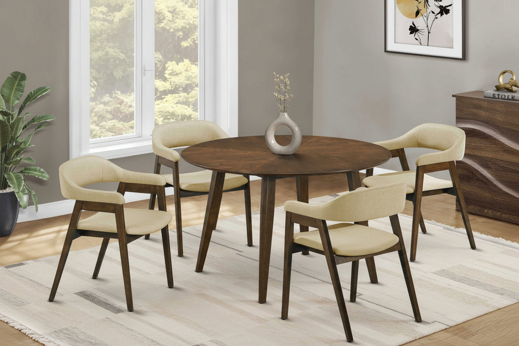 Round 48-inch Meuble Divino dining table with wooden surface and sturdy legs, ideal for kitchen or dining room use.