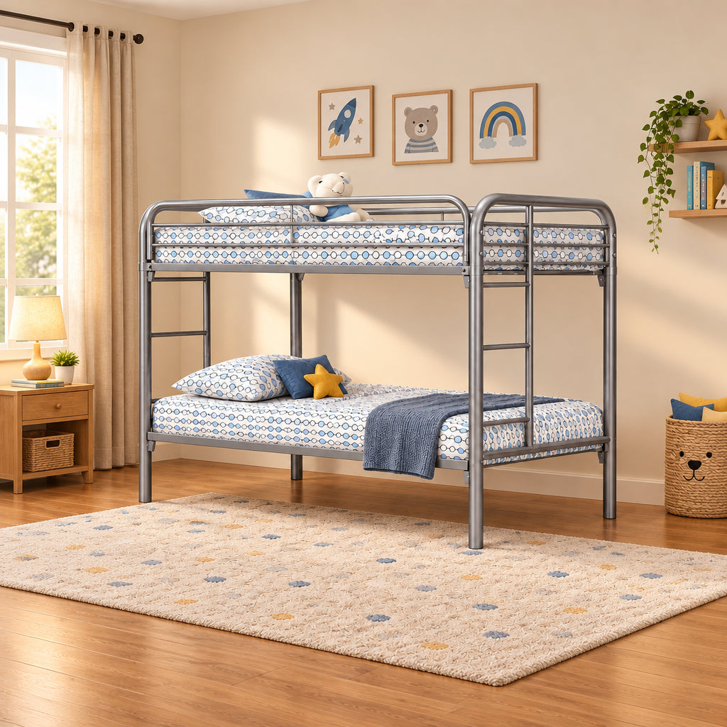 Twin over twin metal bunk bed by Meuble Divino with sturdy frame and ladder, ideal for space-saving bedroom sleeping arrangements.