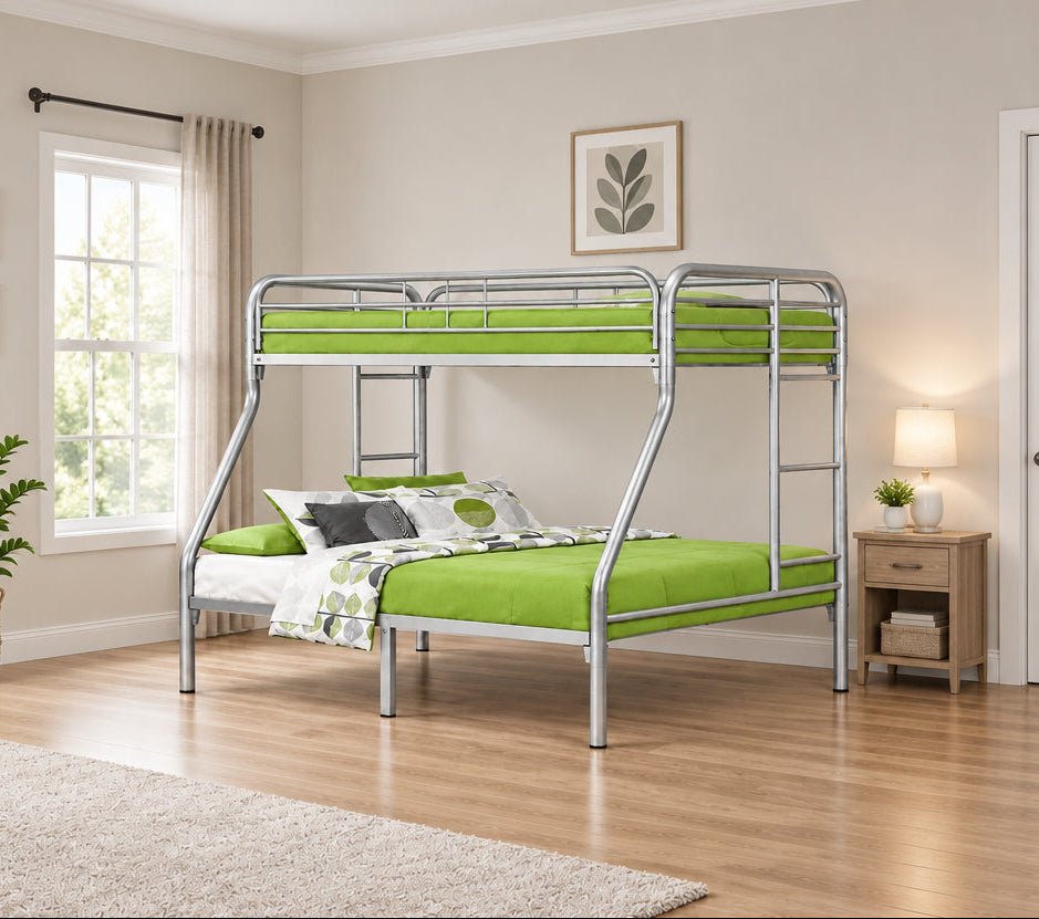 Twin over full metal bunk bed in silver finish by Meuble Divino, showcasing sturdy frame and modern design for shared bedrooms.
