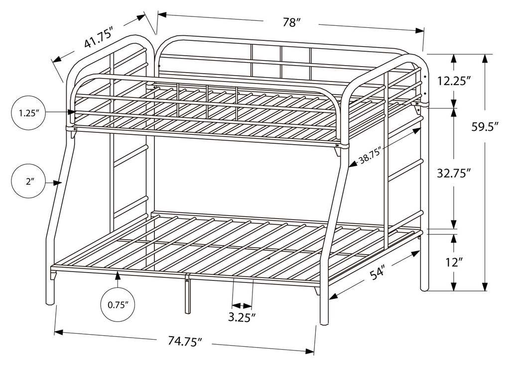 Silver finish twin over full metal bunk bed with sturdy frame and ladder, ideal for space-saving sleeping arrangements.