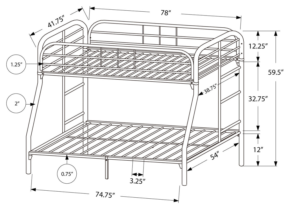 Silver finish twin over full metal bunk bed with sturdy frame and ladder, ideal for space-saving sleeping arrangements.