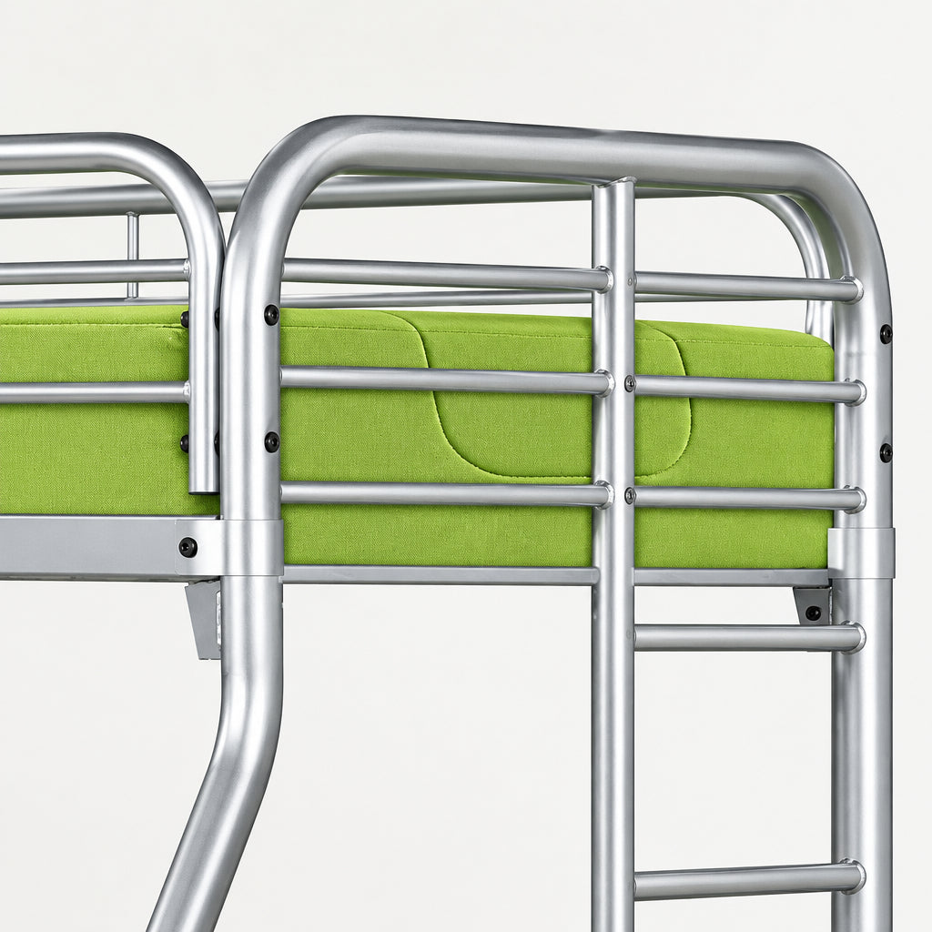 Silver finish twin over full metal bunk bed by Meuble Divino with sturdy frame and ladder, perfect for space-saving bedroom sleeping arrangements.