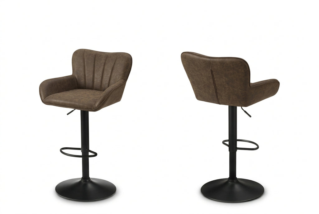 Pair of Meuble Divino Cleo adjustable swivel barstools with wooden seats and metal bases, set of two, suitable for kitchen or bar area.