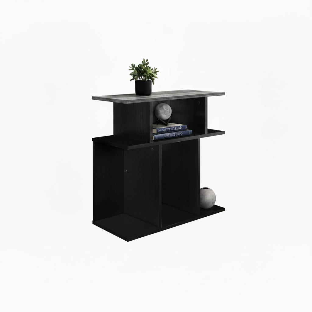 Modern 3-tier accent side table with six open shelves, featuring sleek design and versatile storage for bedroom or living room.