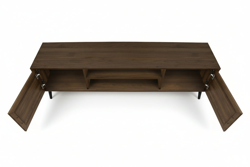 Modern Meuble Divino TV stand with sleek design, featuring open shelves and a smooth surface for media equipment and decor.