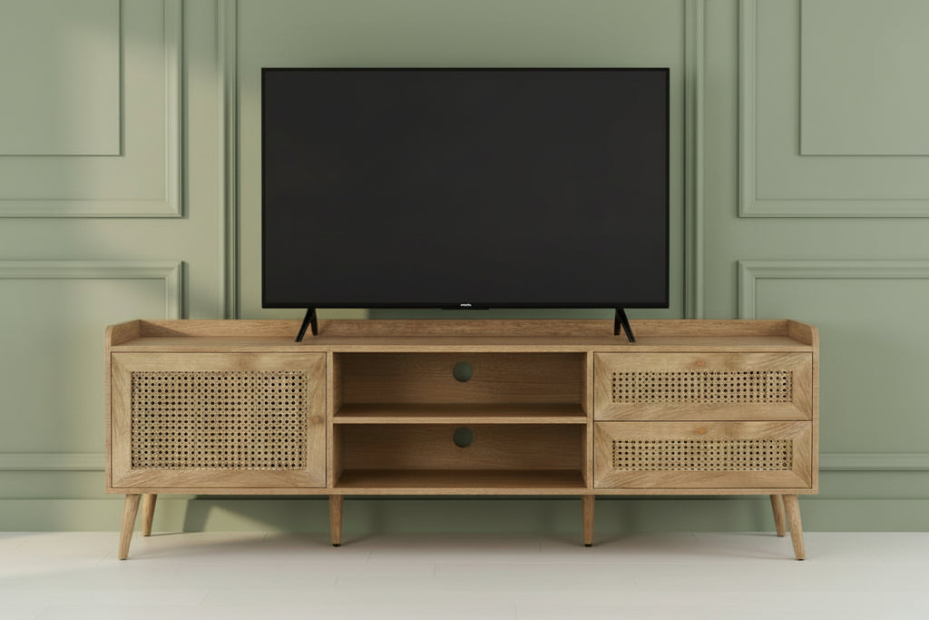 Meuble TV élégant de 183 cm en noyer avec détails en rotin