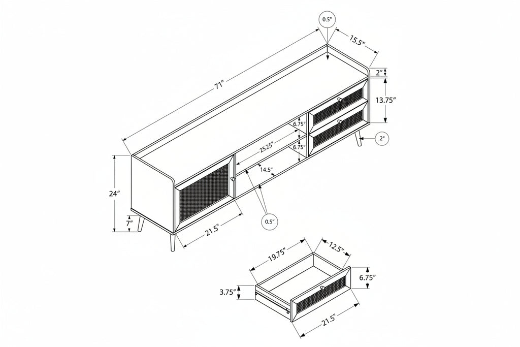 Meuble TV élégant de 183 cm en noyer avec détails en rotin