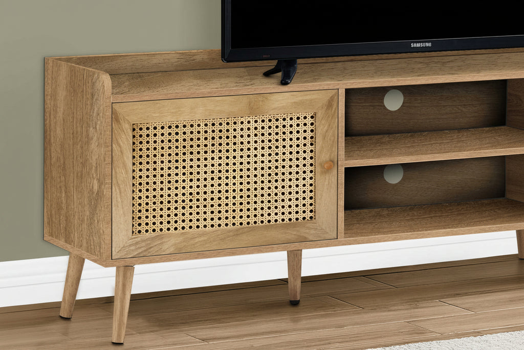 Meuble TV élégant de 183 cm en noyer avec détails en rotin
